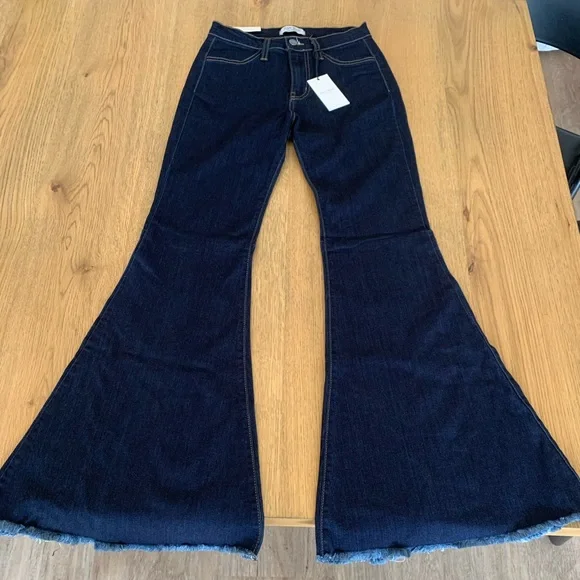 Judy Blue Dark Blue High Waist Super Flare Jeans Frayed Raw Hem Stretch Sz 1/25 - Picture 3 of 14